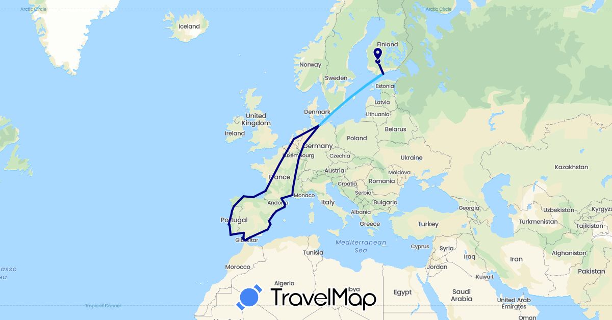 TravelMap itinerary: driving, boat in Germany, Spain, Finland, France, Gibraltar, Netherlands, Portugal (Europe)